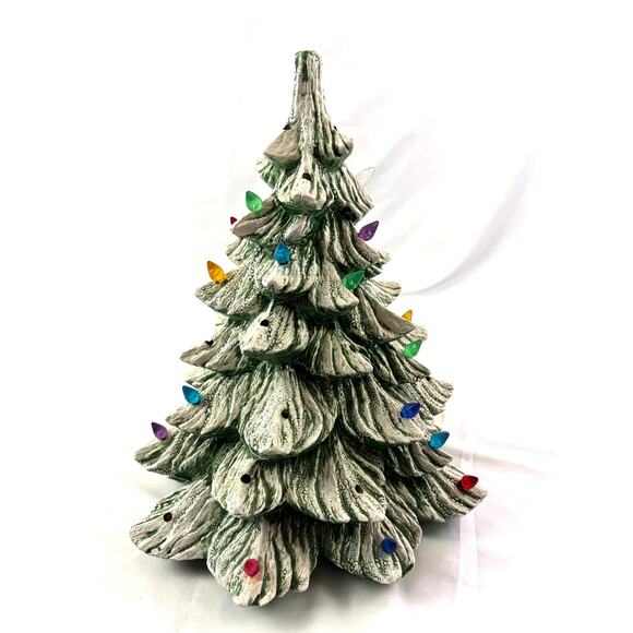 Vintage Ceramic Christmas Tree Green with White Snow Accent 13" Tall READ as is - Picture 1 of 14